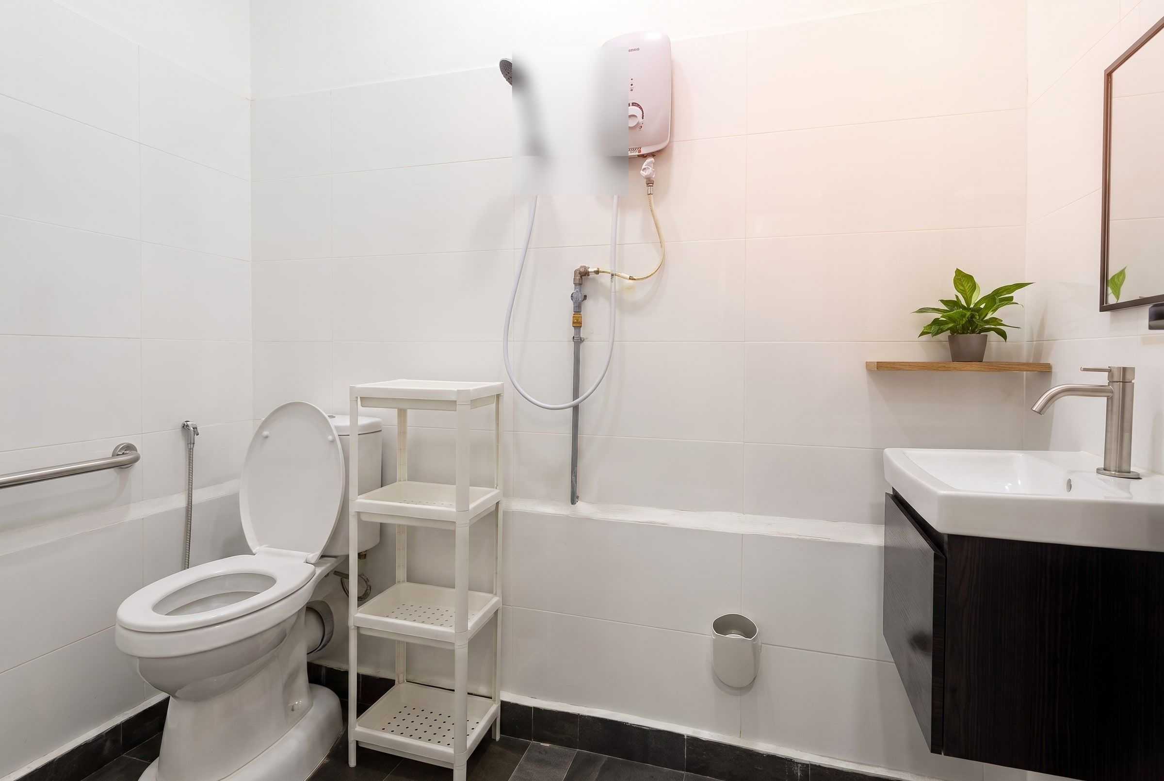 Renovated accessible bathroom with grab bar, shower and basin