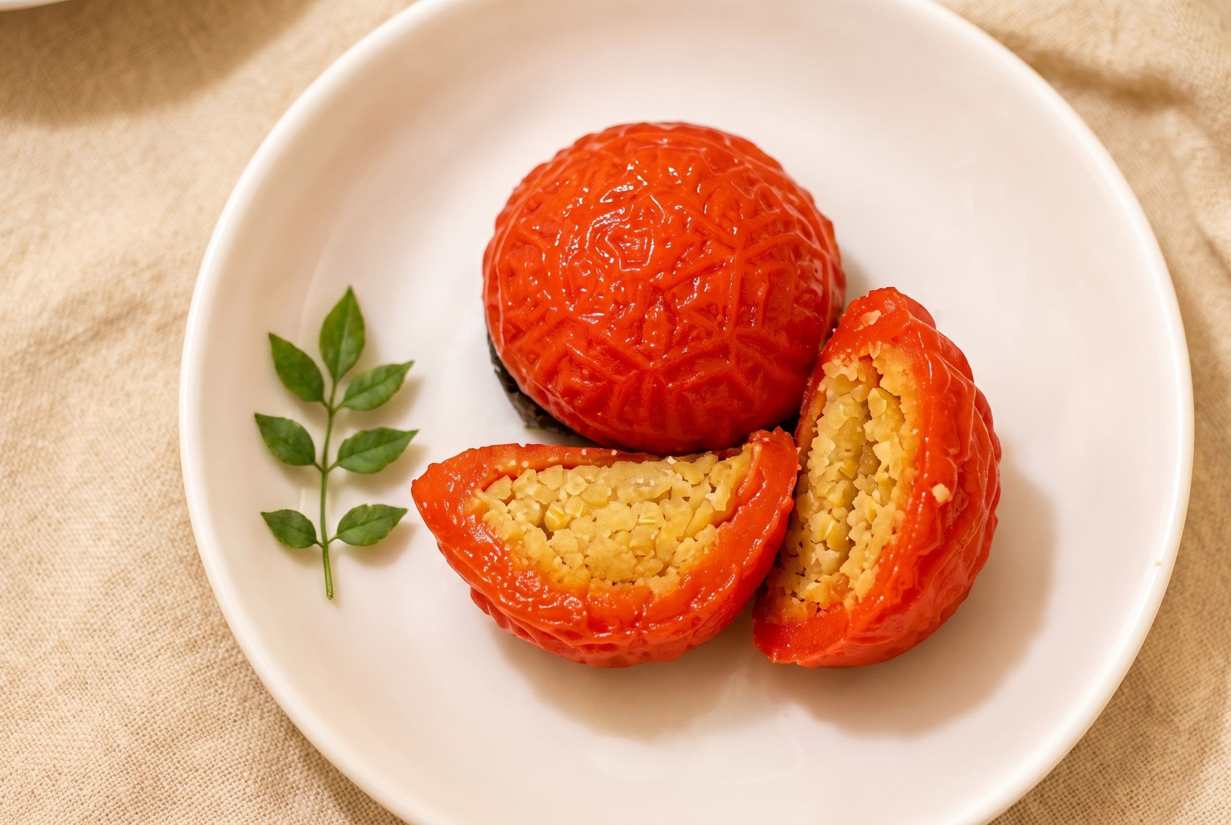 Red date cake, one piece cut open showing the filling