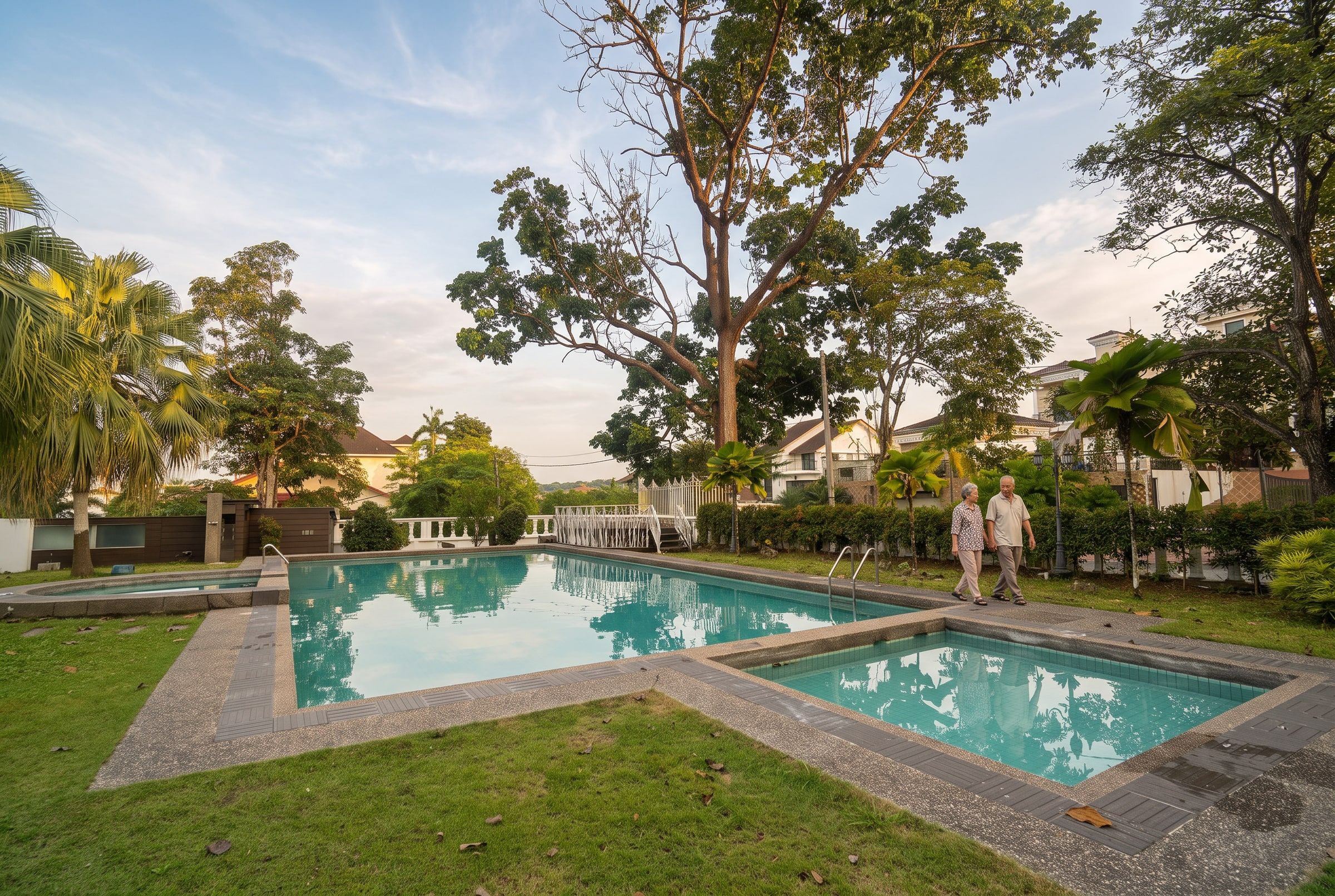 Two residents strolling together along the poolside garden at golden hour